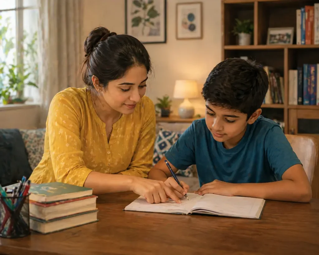 Female home tutor teaching a student one-on-one at home in Indore with books and study table