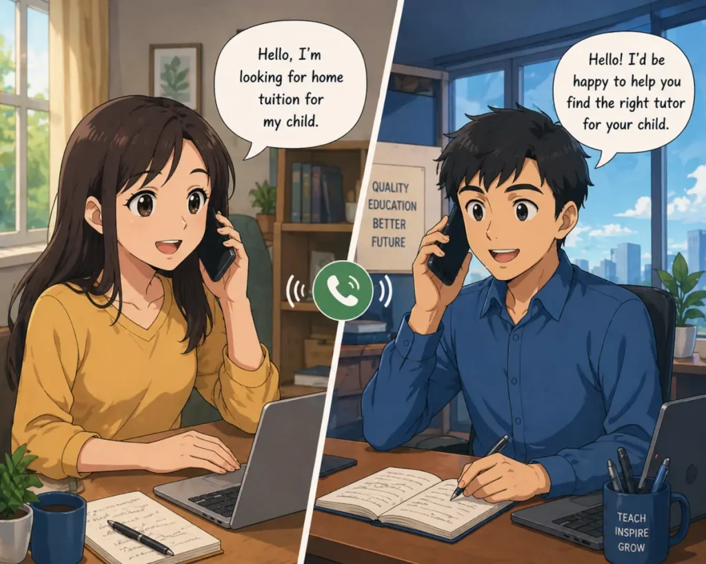 Parent calling for home tuition in Vijay Nagar Indore talking to tutor service provider on phone anime illustration