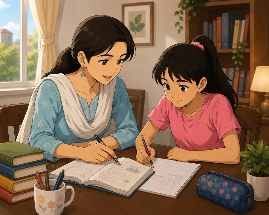 Female home tutor teaching a girl student one on one at home in Indore