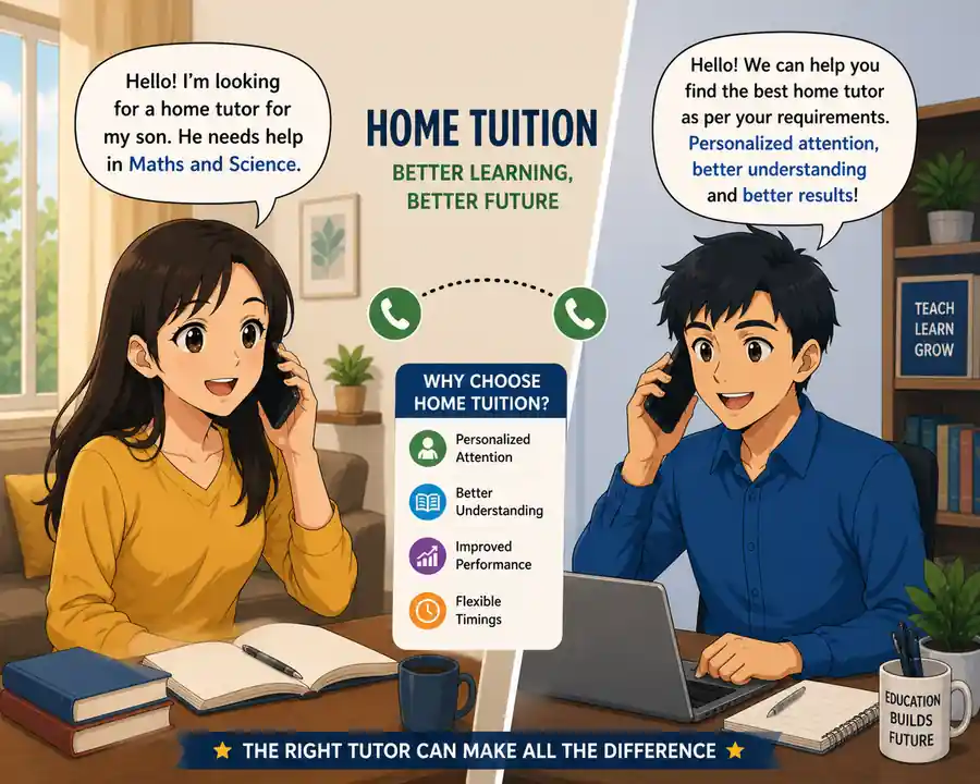 Parent discussing home tuition services on phone with tutor coordinator for maths and science in Indore anime illustration