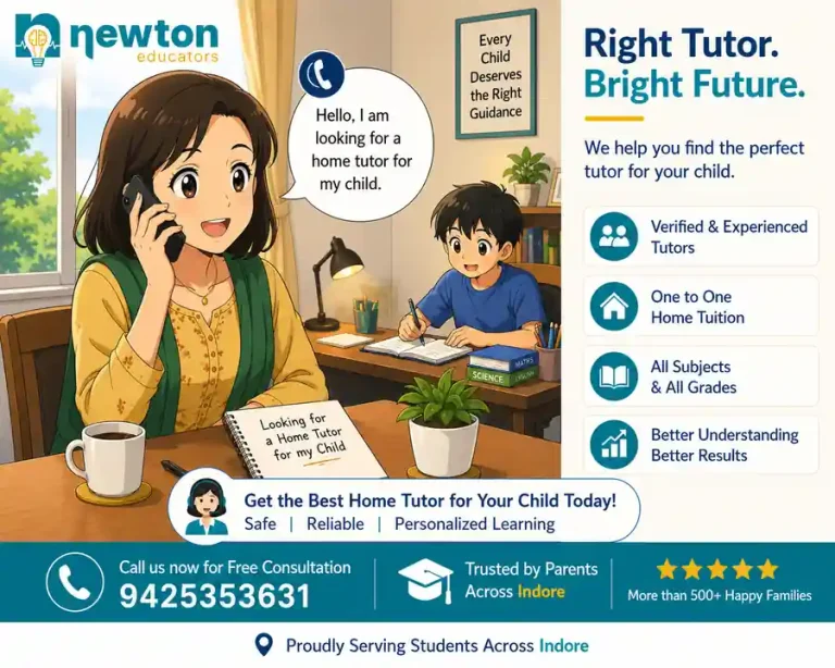 Parent calling Newton Educators for home tutor inquiry while child studies at home in Indore anime illustration