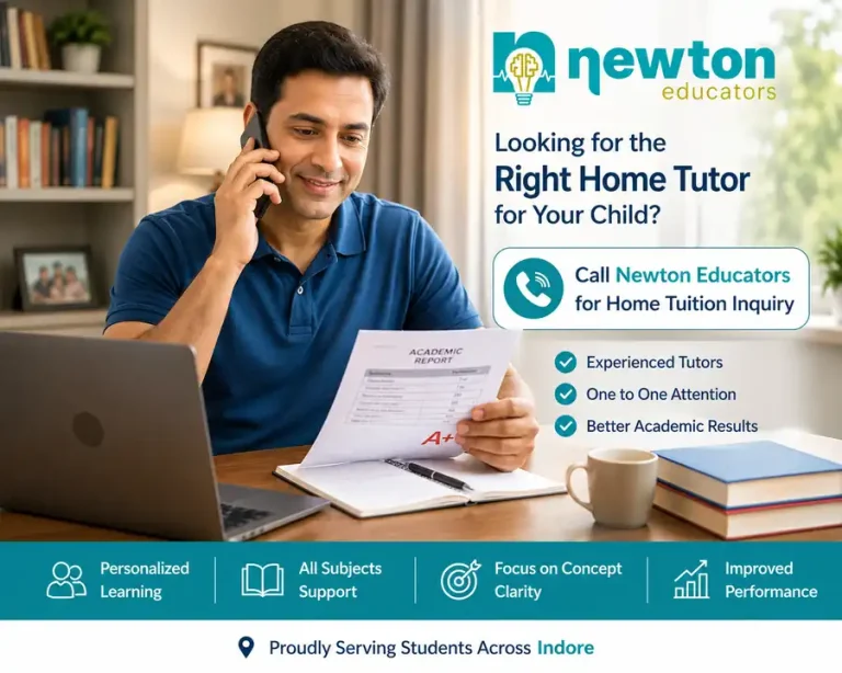 Father discussing home tuition requirements with Newton Educators while reviewing child academic report in Indore