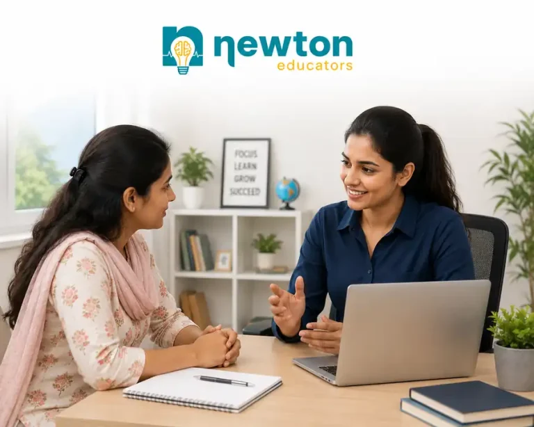 Parent discussing home tuition requirements with a Newton Educators consultant in Mahalaxmi Nagar, Indore for personalized one-to-one learning