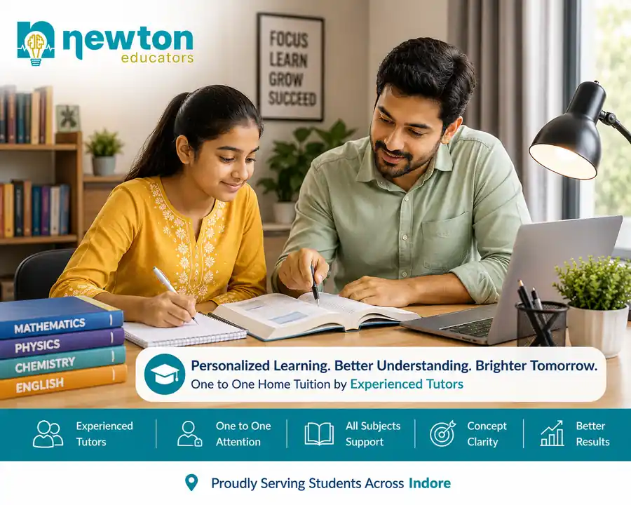 Male home tutor teaching a girl student one on one at home in Indore with Newton Educators