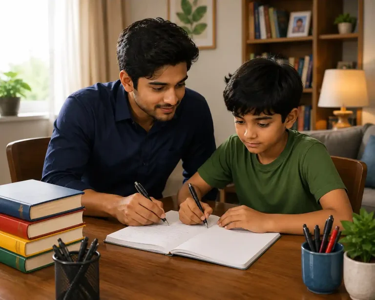 Experienced male home tutor providing one-to-one personalized home tuition to a school student during a study session in Indore.