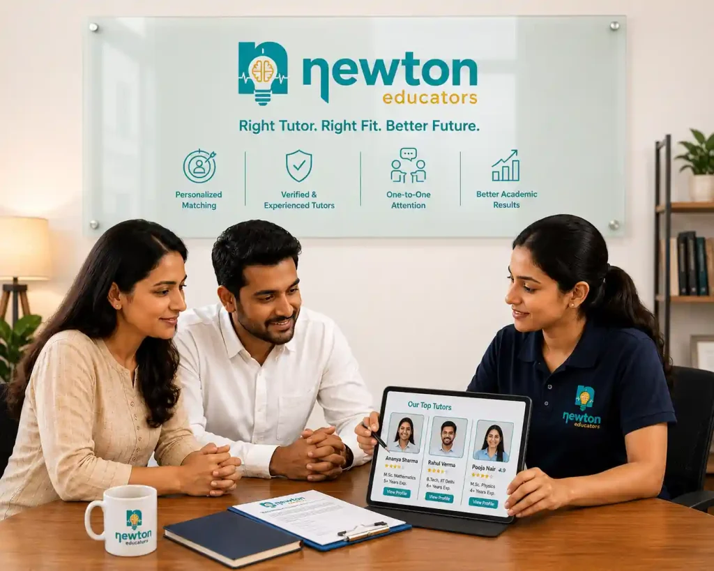 Parents discussing personalized home tutor matching with a Newton Educators education counsellor during a consultation in Indore.